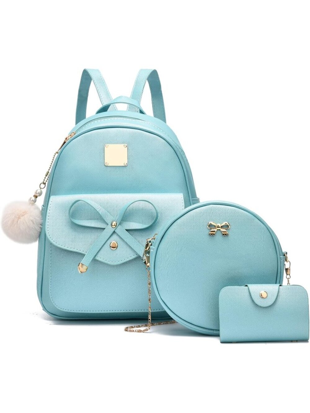 Women's Pearl Blue PU Leather lightweight Fahsion 3-Pieces Backpack Shoulder Bag